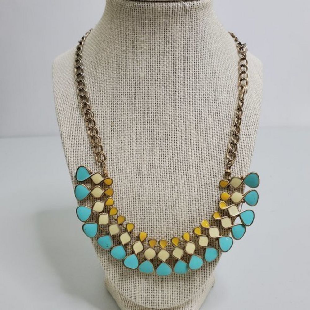 Statement‎ Necklace Blue Yellow Gold Tone Chain Wir